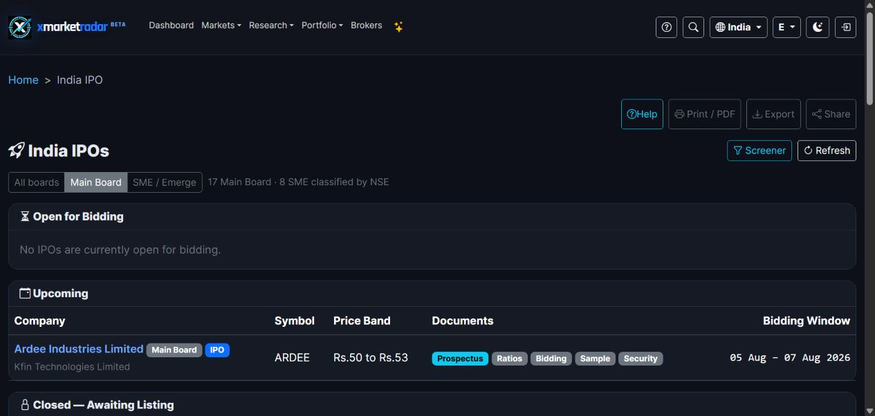 XMarketRadar India IPO research screen filtered to Main Board issues with document links