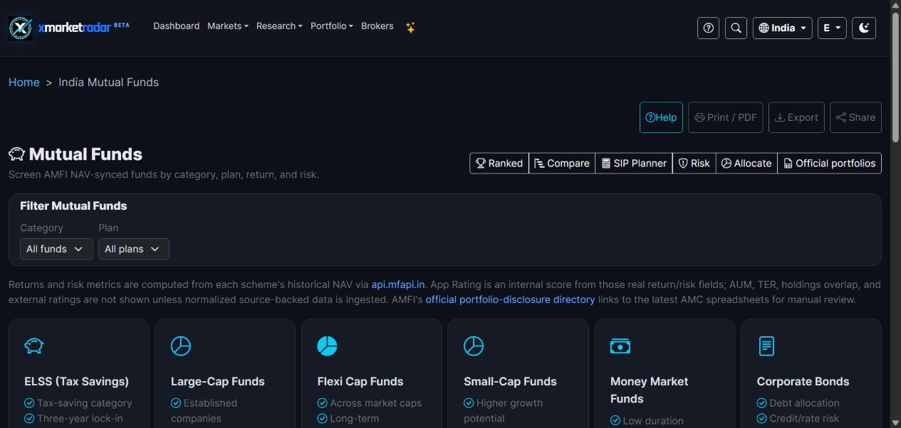 XMarketRadar mutual-fund research screen with category, plan and analysis tools