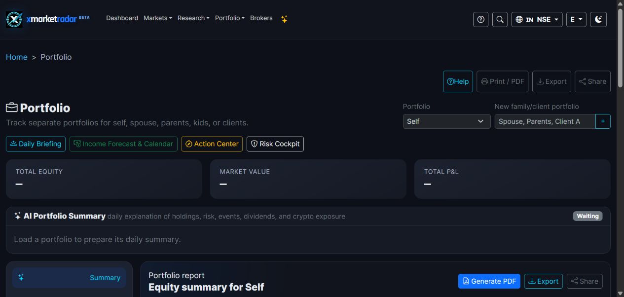 XMarketRadar empty portfolio analytics overview with unavailable totals and no personal holdings
