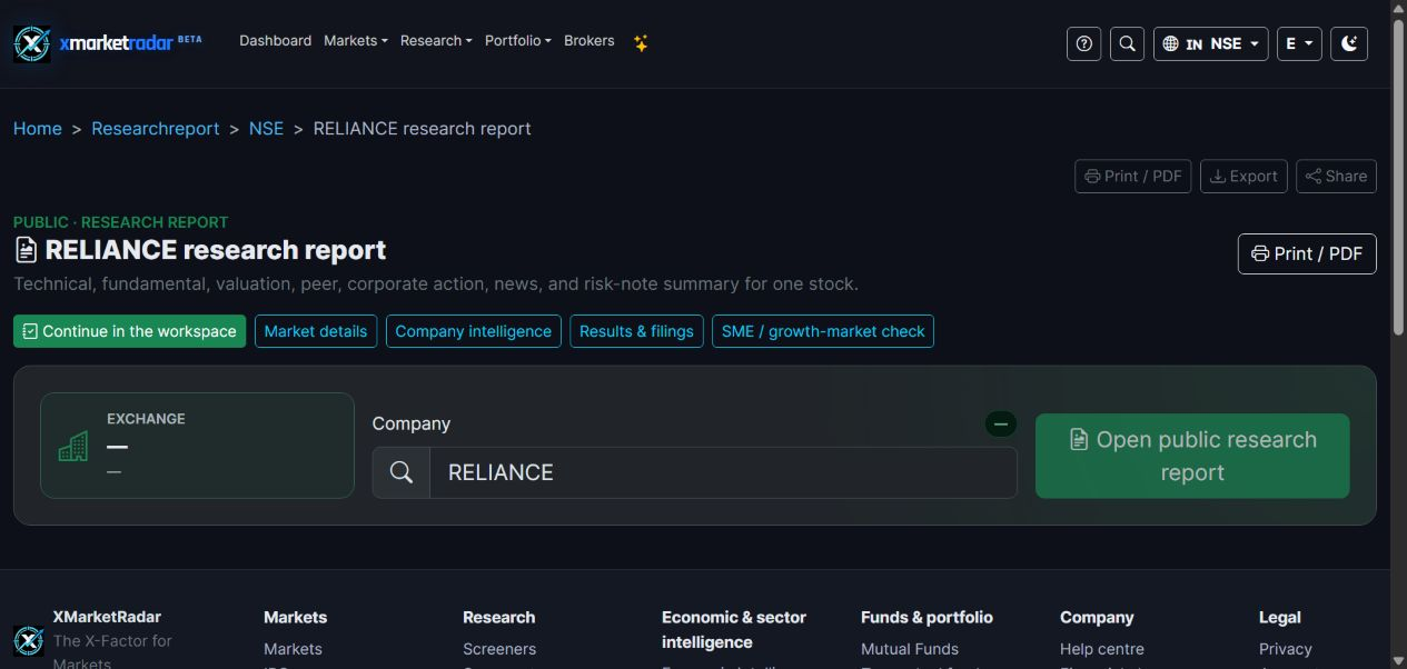 XMarketRadar public stock factsheet entry screen for an exact exchange listing