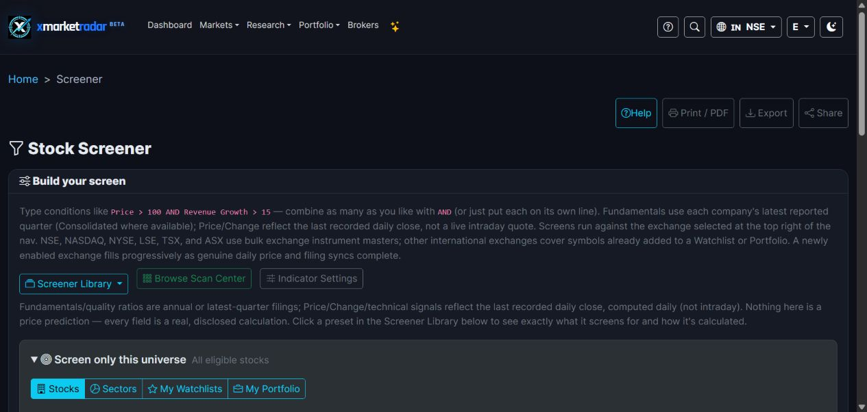 XMarketRadar stock screener builder with condition guidance and universe selectors